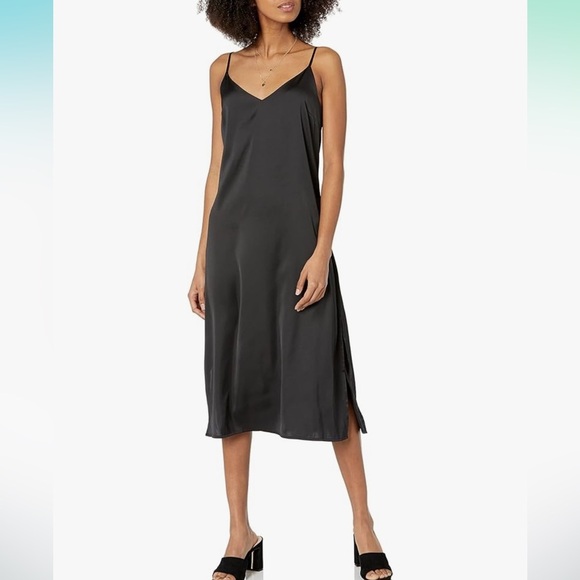 New The Drop Women's Ana Silky Dress V-Neck Midi Slip Spaghetti Strap Black Sz L - Picture 1 of 16